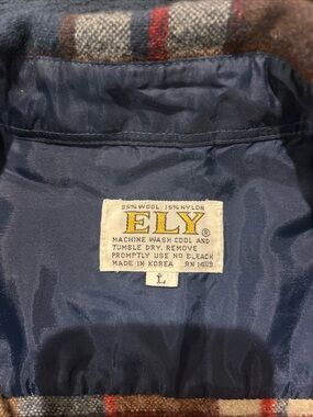 Ely Cattleman Navy Lined Wool Shirt Jacket with Brown Plaid Trim